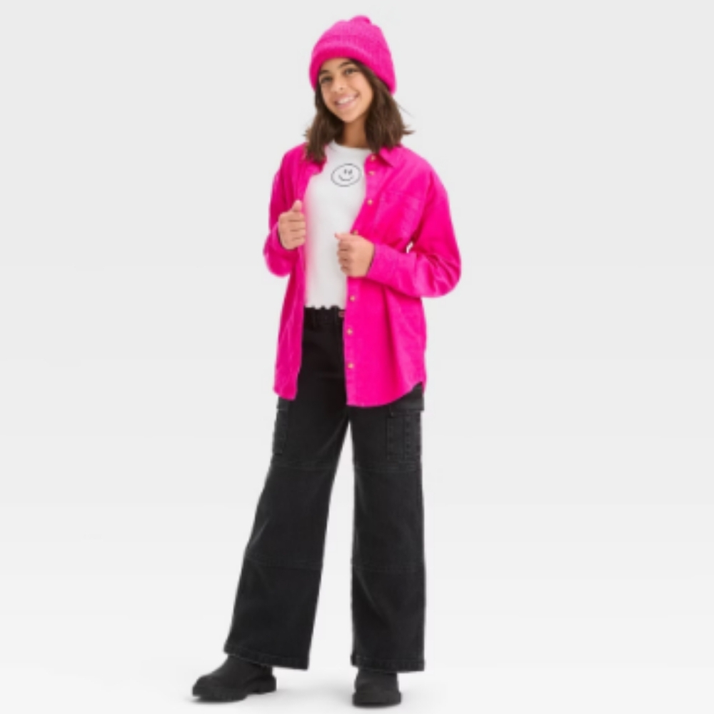 New! Girls' Long Sleeve Oversized Corduroy Layering Shirt - art class, Pink